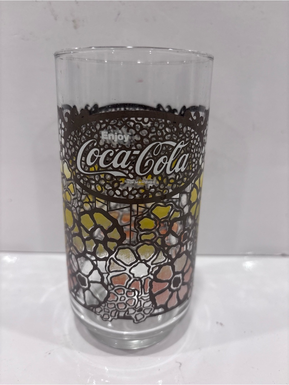 Coca Cola Clear Glass with Yellow, Pink & White Floral Motif vintage